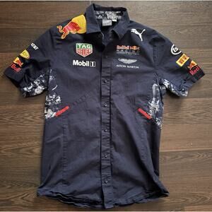 Puma Aston Martin Red Bull Racing Team F1 SS Mens Button Up Shirt Sz S. B19